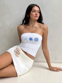 Aloruh 女士休闲无肩带紧身海星花卉印花露脐上衣，适合夏季、海滩度假、音乐节等场合。 - 白色 - 查看 4