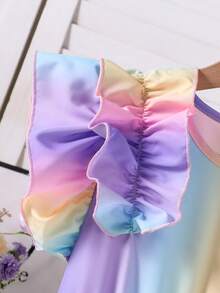 SHEIN 一件少女优雅彩虹数码印花连衣裙，荷叶边下摆，泡泡袖，腰间系带，适合日常穿着、派对、宴会、休闲度假等场合。 - 淺藍色 - 查看 4