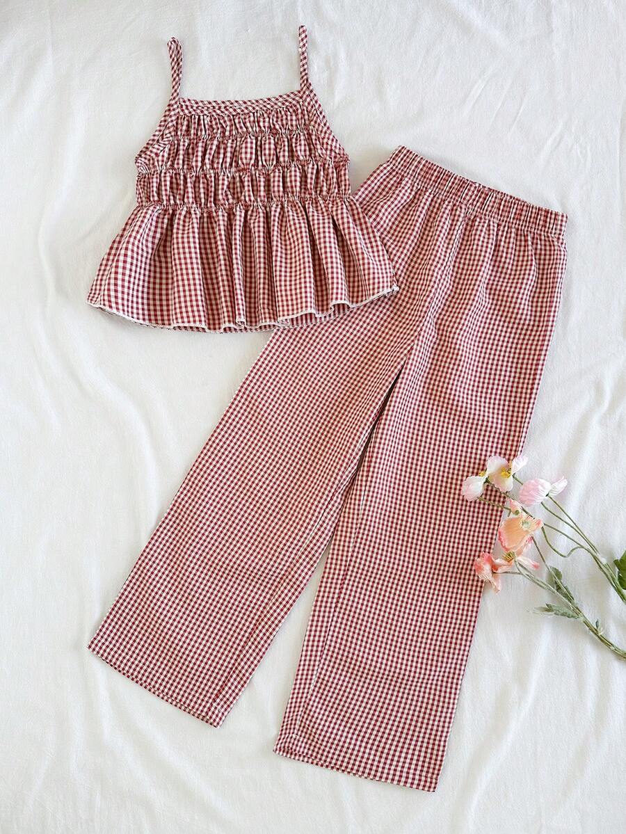SHEIN Vintaside Kids 少女休闲甜美褶皱纹理松紧吊带背心搭配宽松阔腿裤两件套，适合日常、度假、姐妹合照、春夏穿搭、假日、夏季、旅行