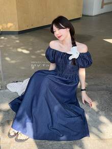 DAZY Đầm nữ mùa hè kiểu Hàn Quốc tay phồng cổ vuông màu trơn chất liệu giả denim dáng chữ A. - Màu xanh lam - Xem 5