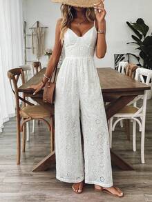 SHEIN Holidaya Women's Romantic Vacation Casual Outgoing Wear Cotton Hollow White Spaghetti Strap Long Wide Leg Jumpsuit, Spring/Summer - White - View 3