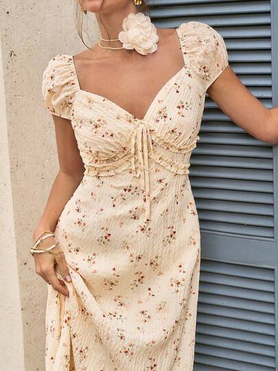 Cévolie 女士新款法式系带碎花浪漫荷叶边V领短袖长裙