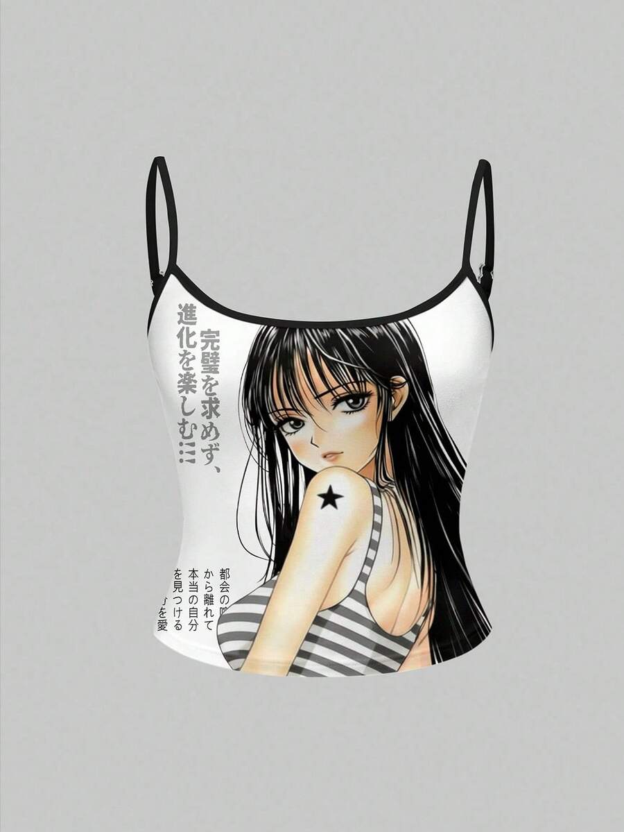 ROMWE Anime Áo hai dây gợi cảm phong cách vintage dành cho nữ, lấy cảm hứng từ tiểu văn hóa Y2K Yandere. - màu đen - Xem 1