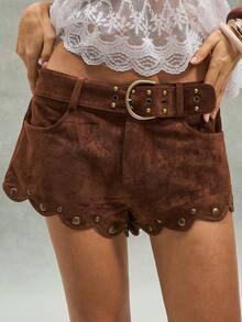 Bohemela BOHO Casual Woven Tight Brown Wavy Hem Studded Women's Shorts