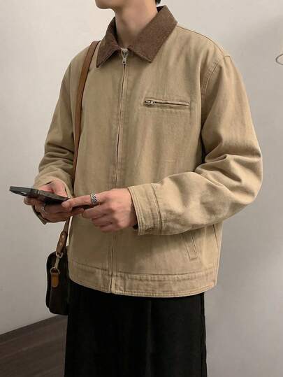 Manfinity Unisex Men's Casual Commuter Contrast Color Collar Zip-Up Long Sleeve Jacket, Spring/Autumn, For Fall Winter, Couple Things