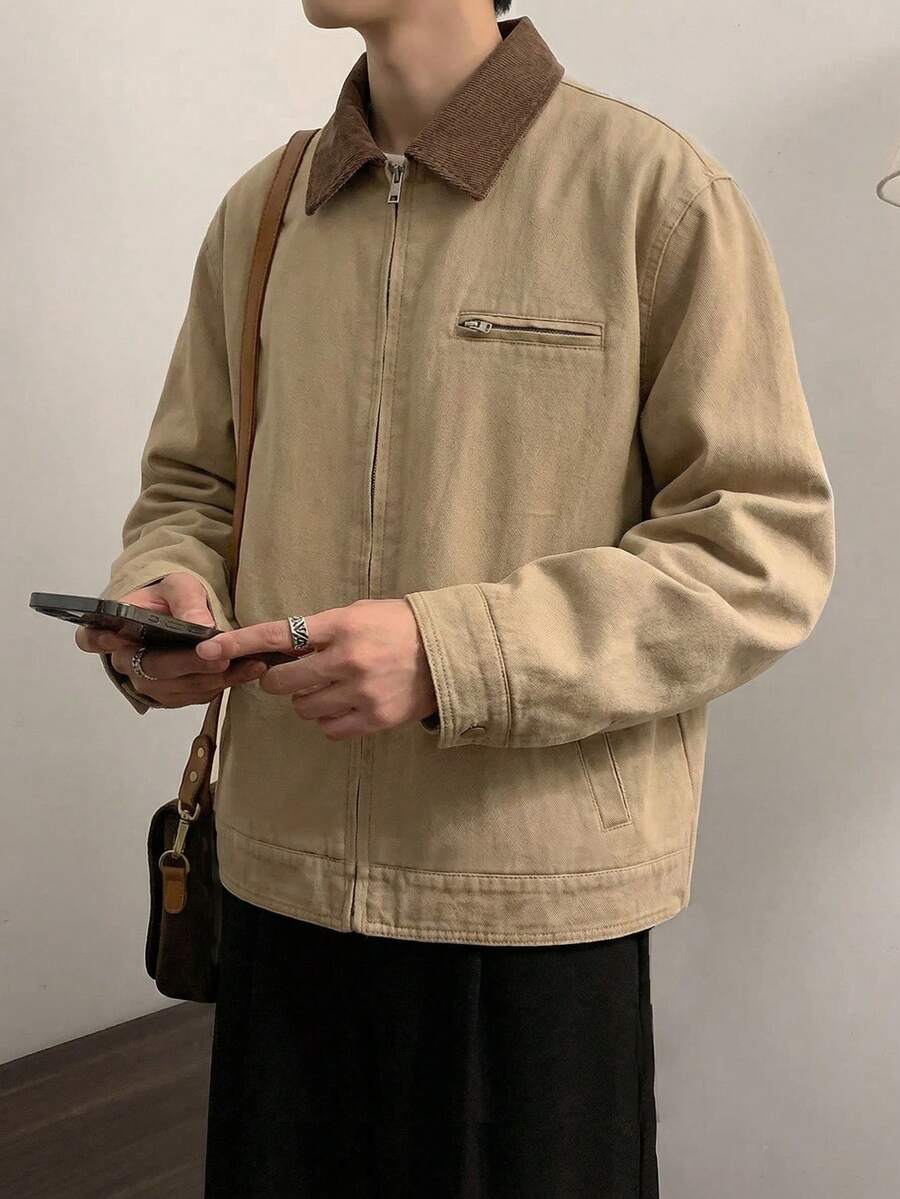 Manfinity Unisex 男士休闲通勤撞色领拉链长袖夹克，春秋季，适合秋冬季节，情侣款 - 卡其色 - 查看 1