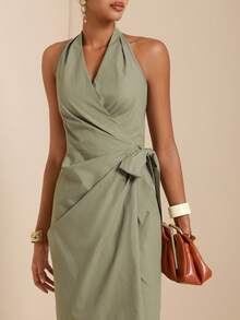 SHEIN Veneréa 女士吊带无袖系腰连衣裙 - 軍綠色 - 查看 4