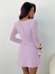 Aloruh Women's Elegant Square Neck Ruched Flare Sleeve Fitted A-Line Mini Dress - Lilac Purple - View 2