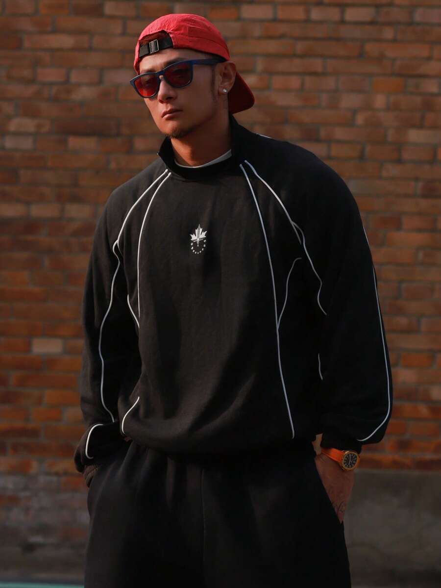 DAZY Spring Letter Print Contrast Stripe Crew Neck Men's Pullover Sweatshirt - Black - View 1