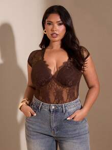 SHEIN BAE Combinaison sexy en dentelle marron col V pour femmes grandes tailles, tenue de Noël pour femmes, tenue du Nouvel An pour femmes, combinaison élégante pour soirée, combinaison de soirée, plage, combinaison élégante pour femmes, décontracté, combinaison pour femmes grandes tailles, combinaison du Nouvel An, robes de soirée élégantes pour femmes, vêtements pour femmes grandes tailles, combinaison de mariage, anniversaire, festival de musique, tenue grande taille, courbe, combinaison marron - Tabac - Voir 6