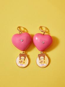LOONEY TUNES X SHEIN 1 Pair Fashion Zinc Alloy Cartoon Heart Shaped Acrylic Rhinestone Stud Earrings, Simple & Cute, Elegant & Niche, Suitable For Party, Concert, Festival - Pink - View 2