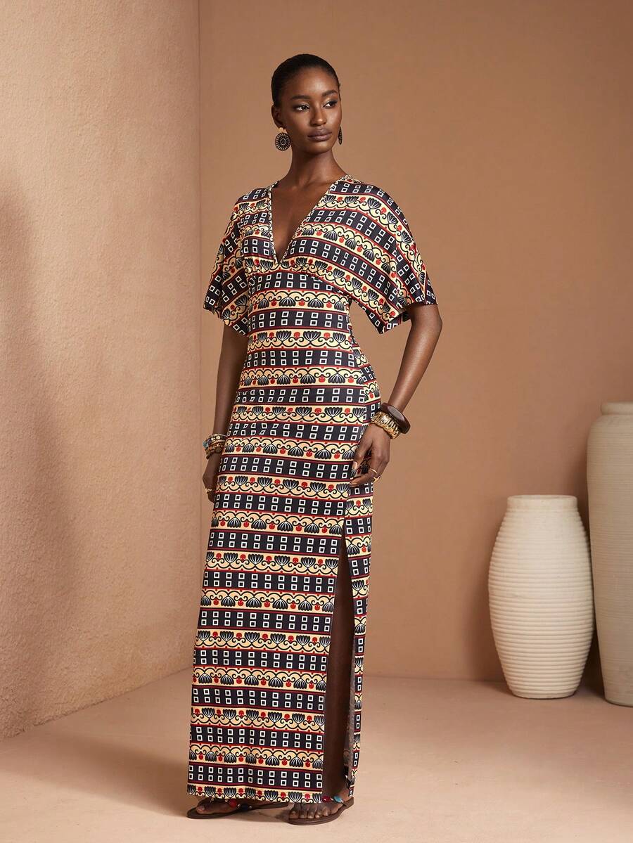 JIAN LASALA All-Over Print Jersey Knit V Neck Batwing Sleeve Ruched Side Slit Women Maxi Dress - Multicolor - View 1