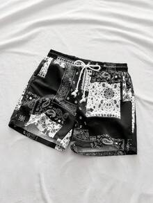 AXEPEAK 男士印花圍巾圖案束腰短褲，寬鬆板型，鮮豔圖形，適用於假期海灘