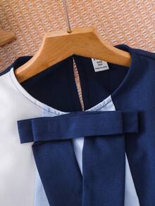 SHEIN Tween Girl Woven Colorblock Round Neck 3D Bow Casual Dress Matching Dresses Blue Knot And White Ruffle Sleeveless Girls, Tween Girl - Multicolor - View 5