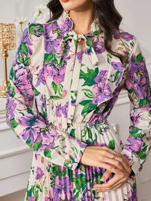 Modelyn 女士印花系带领口拼接荷叶边下摆优雅长裙 - 紫色 - 查看 6