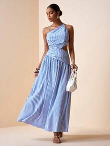 Zivah 2026 Spring/Summer New Arrival Music Festival, Easter, St. Patrick's Day, Valentine's Day, Date, Western, Nomadic, Birthday Party, Graduation, College, Student, Daily Casual, Basic Versatile, Leisure, Vacation, Cruise Travel, Beach, Sunbathing, Viral , Streetwear, Wedding Guest Boho, Commute, Brunch, Airport, Party, Holiday Outing, Office Wear Sleeveless Asymmetric Waist Hollow A-Line Long Striped Print Maxi Dress Blue Striped Dress - Blue - View 6