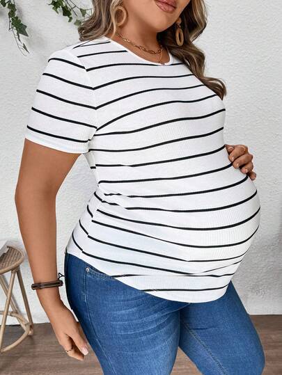 SHEIN 大码孕妇条纹圆领短袖修身休闲上衣