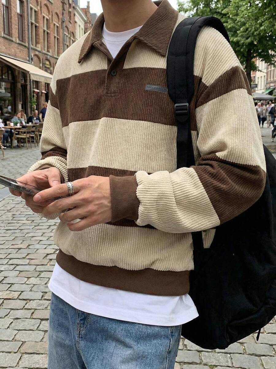 SWAVVY Men's Knit Casual Everyday Loose Fit Half-Zip Long Sleeve Sweatshirt - Brown - View 1