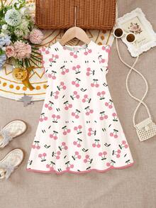 Đầm Cherry Girl, đầm ngắn tay dễ thương kiểu dáng thường ngày cho bé gái, họa tiết trái tim nhỏ, in hình quả anh đào, viền bèo nhún đơn giản, thích hợp cho mùa hè, kỳ nghỉ thư giãn, cuối tuần đi biển, trang phục hè dễ thương cho bé gái, phong cách Hàn Quốc, thời trang đi biển, đồ dã ngoại mùa hè. - Nhiều màu - Xem 2