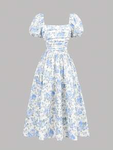 Girlism 少女蓝色碎花不对称下摆中长连衣裙，休闲优雅，适合返校、聚会、婚礼、伴娘、舞会、晚会，撞色蝴蝶结拼布吊带裙，伴娘礼服，适合派对、婚礼、花园活动、通勤优雅、购物，适合婚礼、生日派对、舞会和伴娘场合 - 藍色 - 查看 3