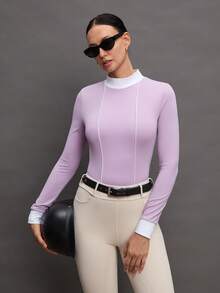 Activina Women's Contrast Color Minimalist Equestrian Long Sleeve Top, Everyday Wear Ralphlauren  Knitted Fabric - Purple - View 4