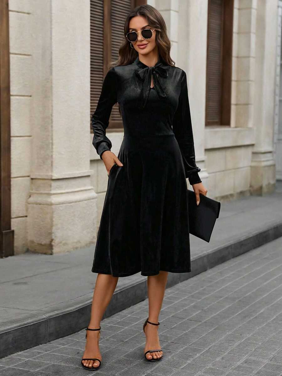 EMERY ROSE 女士时尚纯色系带领口袋中长连衣裙 - 黑色 - 查看 1