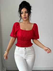 Selianne Damen elegante Bluse mit quadratischem Kragen, Sommer - Rot - Übersicht 7