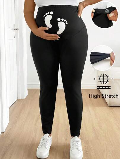 SHEIN 春季女装，加大码孕妇极简印花高腰打底裤，带脚印印花，高弹力打底裤