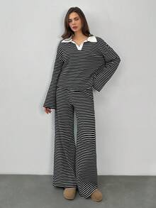 SHEIN Tall 女款2件套寬鬆黑白條紋V領長袖T恤與鬆緊腰長褲，休閒居家返校秋季冬季針織套裝，適合高個女性 - 黑色 - 查看 6