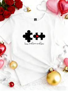 Manfinity Homme Unisex Valentine's Day Heart Puzzle White Crew Neck T-Shirt, Romantic Heart Pattern Couple T-Shirt, Red Heart Tee For Men & Women - Red Heart Unisex T Shirts