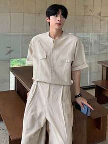 DAZY 纯色米色男士通勤衬衫套装，春夏款 - 米色 - 查看 2