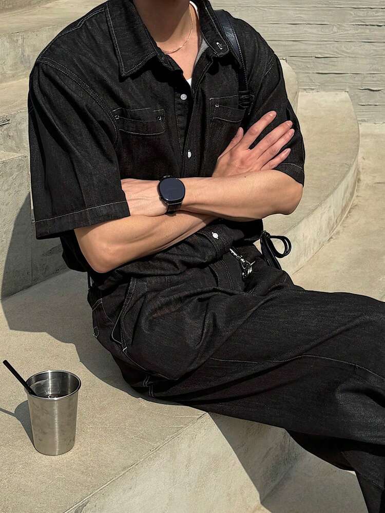 Men's Solid Black Washed Denim Suit, Spring/Summer
