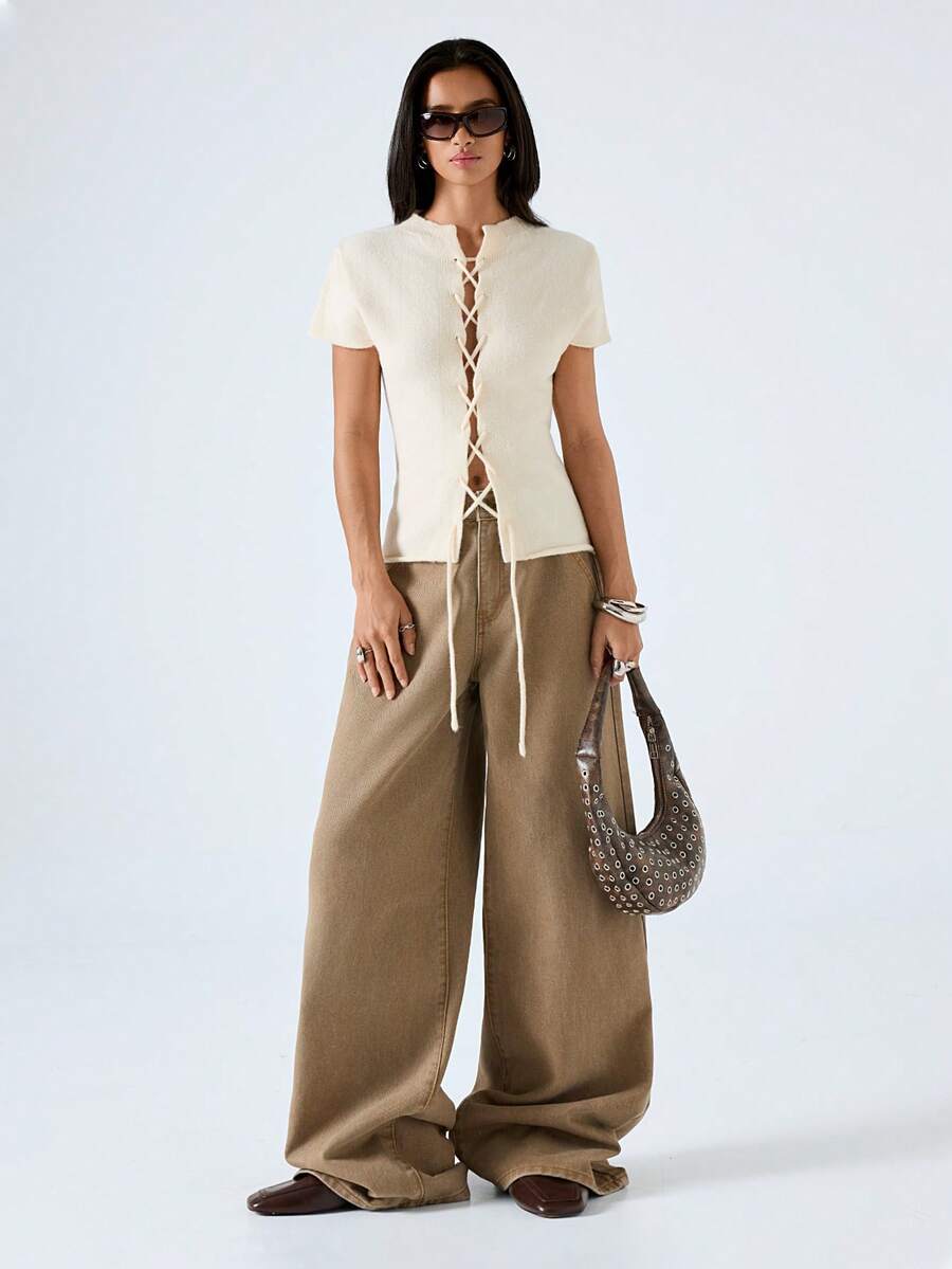 LYSMO Áo dệt kim tay ngắn cổ đứng màu trắng kem trơn, kiểu dáng tối giản, hàng mới về năm 2026, thích hợp mặc đi chơi trong kỳ nghỉ xuân/hè. - Màu be - Xem 1