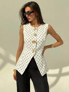 Aloruh Women's Casual Commuter Polka Dot Print Front Button Vest, Summer - Black and White - View 4