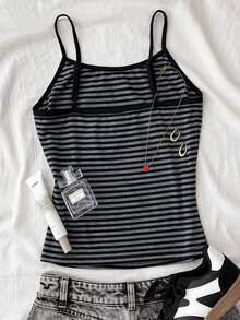 少女针织黑灰条纹修身休闲简约吊带背心 - 彩色 - 查看 4