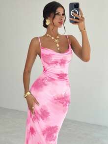 Firerie Women's New Romantic Floral Mesh Plunging Neck Fishtail Hem Midi Bodycon Dress, Sexy Elegant Dress, Spring/Summer Outfit, Beach, Commute, Elegant, Sexy, Vacation, Beach, Boho, Hawaii, Music Festival, Romantic, Date, Wedding Season, Graduation Ceremony, Prom - Baby Pink - View 3