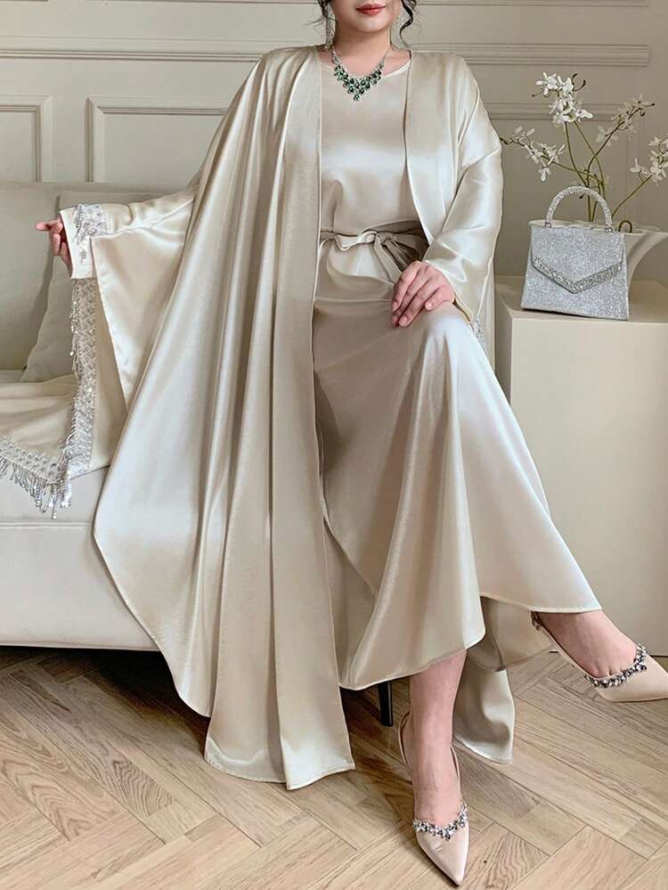 Dazy Plus 2pcs Plus Size Women Elegant Waist Tie Long Sleeve Robe & Loose Open Front Cardigan Set