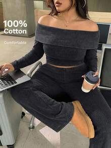 SHEIN EZwear 大码休闲家居服简约露肩粗条纹两件套 - 灰色 - 查看 1