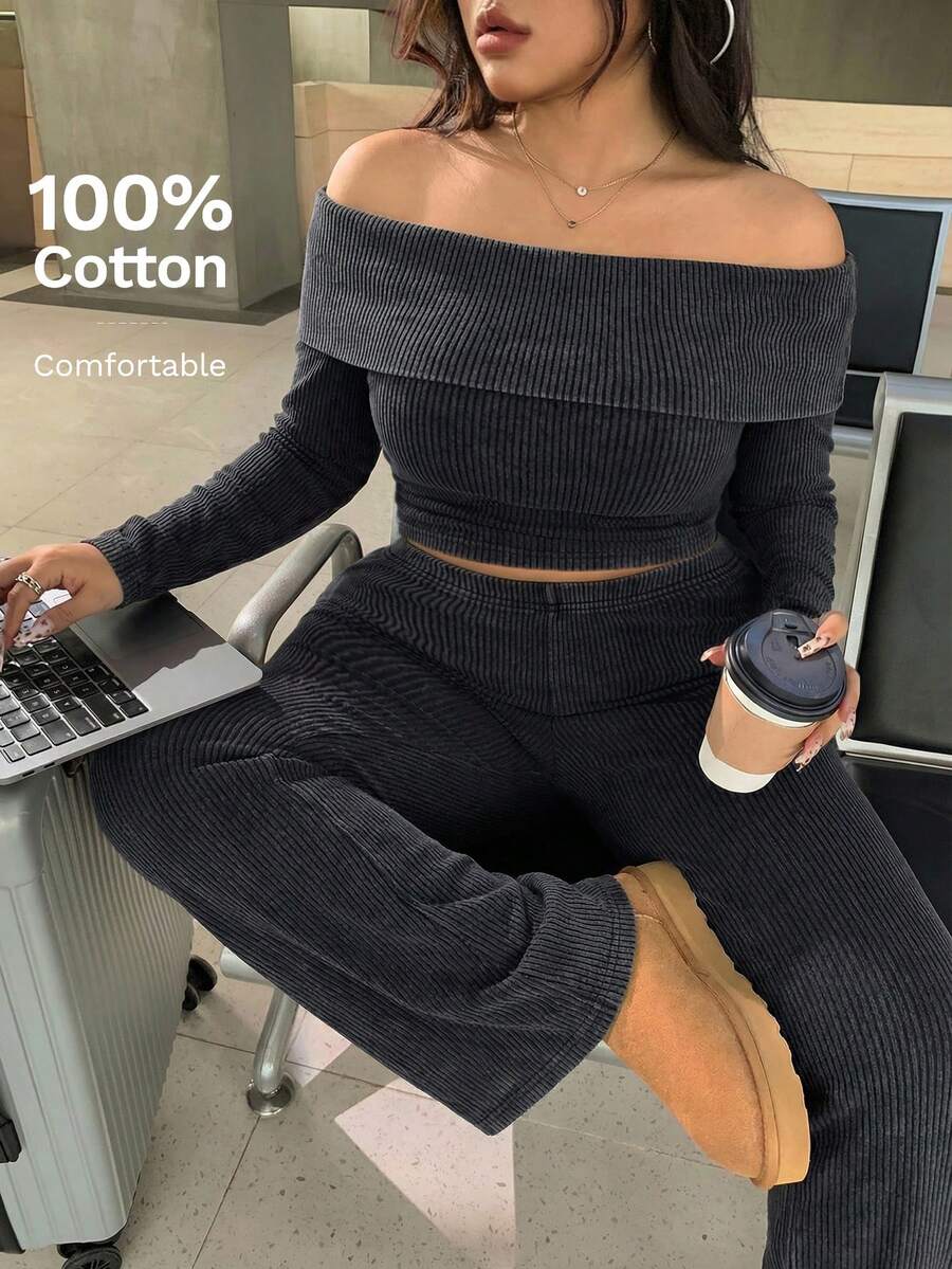 SHEIN EZwear 大码休闲家居服简约露肩粗条纹两件套 - 灰色 - 查看 1