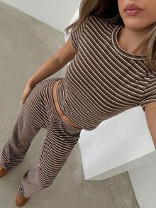 Aloruh Women's Casual Homewear Pajama Set, Includes Striped Crew Neck And Loose Striped Straight Leg Pants,  Back To School Clothes Brown Striped Two Pieces Set,Casual Sets For Women ,Casual Outfit For Women - Multicolor - View 2