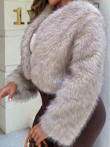 Maria Perezxox Women's Solid Color Long Sleeve Casual Fluffy Jacket In Fall/Winter - Khaki - View 4