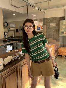 K-Vae Women's Green Striped Round Neck Short Sleeve T-Shirt - Green - View 4