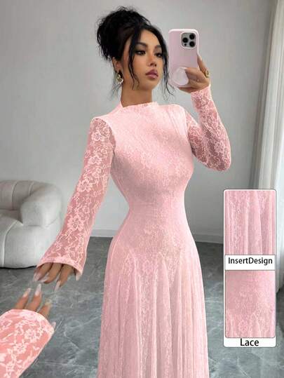 Modelyn Wine Red High Neck Waist Cinched Lace Dress For Women