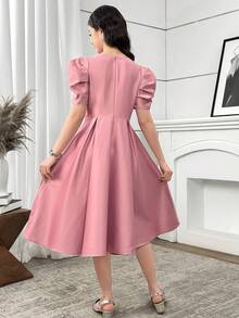 SHEIN 少女缎面羊腿袖A字型派对鸡尾酒裙 - 粉色 - 查看 2