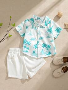 Souflis Souflis 2pcs Baby Boy Summer Leaf Print Shirt And Casual Shorts Set - Multicolor - View 2