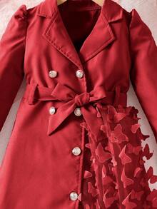 优雅少女外套，翻领，长袖，腰带，左侧蝴蝶网纱设计，迷人可爱 - 紅色 - 查看 6
