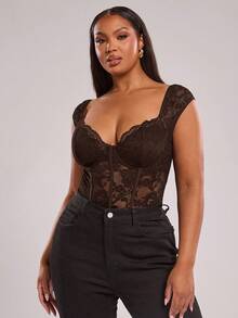 SHEIN BAE Plus Size Women's Black Short Sleeve Bodysuit, Sexy & Elegant Blouse Bodysuit, Commuter Bodysuit, Hottie Bodysuit, Young Fashionable Bodysuit, Lace Trim Bodysuit, Beach Vacation Bodysuit, Outdoor, Outings, Afternoon Tea, Everyday, Y2K/ Lace Bodysuit/ Bodysuits For Women Plus/ Plus Size Lace Bodysuit