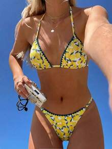 Swim Mod Women's Spring/Summer Beach Music Festival Lemon Print Shell Teeth Lace Cute Halter Thong Back Bikini Set - Multicolor - View 1