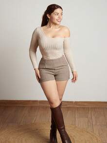 Lupita Cardoza 女士不对称领口罗纹休闲长袖 Y2K 杏色罗纹拉绒面料露肩露肩紧身衣秋季 - 杏色 - 查看 6