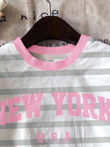 两件套女童休闲灰色条纹套装，饰有“NEW YORK”图案，搭配撞色粉色，返校季学院风短袖上衣和短裤，可爱夏日装扮 - 彩色 - 查看 5